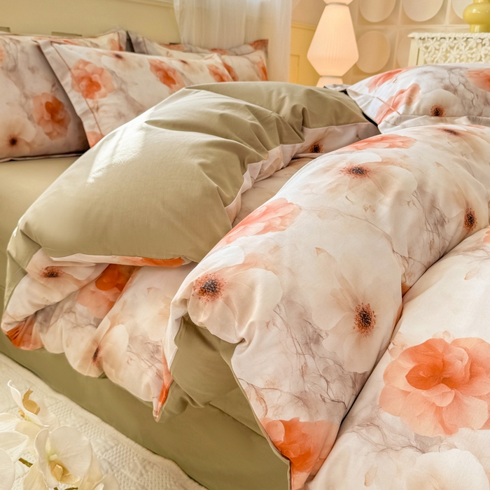 红日子纺织品 2025新款全棉纯棉数码印花四件套 茶山露水-桔