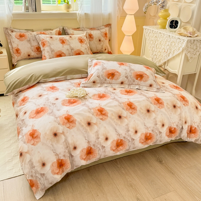 91家纺网 家纺一手货源 找家纺 红日子纺织品 2025新款全棉纯棉数码印花四件套 茶山露水-桔