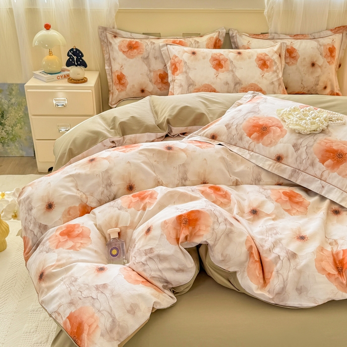 91家纺网 家纺一手货源 找家纺 红日子纺织品 2025新款全棉纯棉数码印花四件套 茶山露水-桔