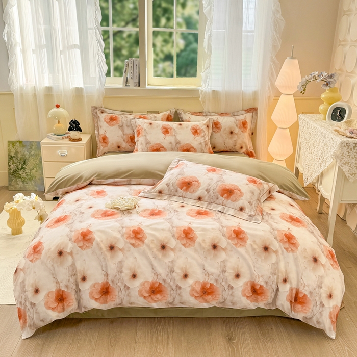 91家纺网 家纺一手货源 找家纺 红日子纺织品 2025新款全棉纯棉数码印花四件套 茶山露水-桔