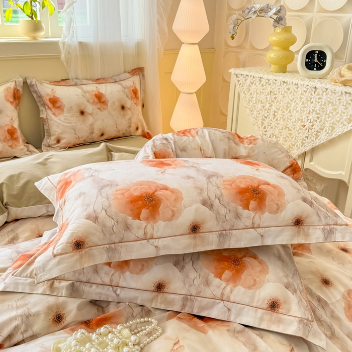 91家纺网 家纺一手货源 找家纺 红日子纺织品 2025新款全棉纯棉数码印花四件套 茶山露水-桔