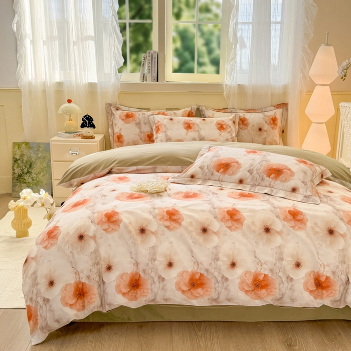 91家纺网 家纺一手货源 找家纺 红日子纺织品 2025新款全棉纯棉数码印花四件套 茶山露水-桔