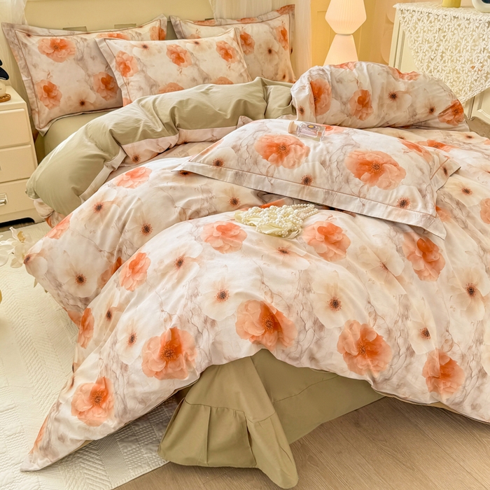 91家纺网 家纺一手货源 找家纺 红日子纺织品 2025新款全棉纯棉数码印花四件套 茶山露水-桔