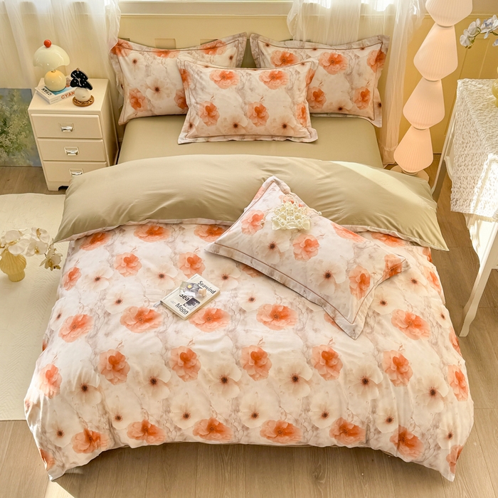 91家纺网 家纺一手货源 找家纺 红日子纺织品 2025新款全棉纯棉数码印花四件套 茶山露水-桔