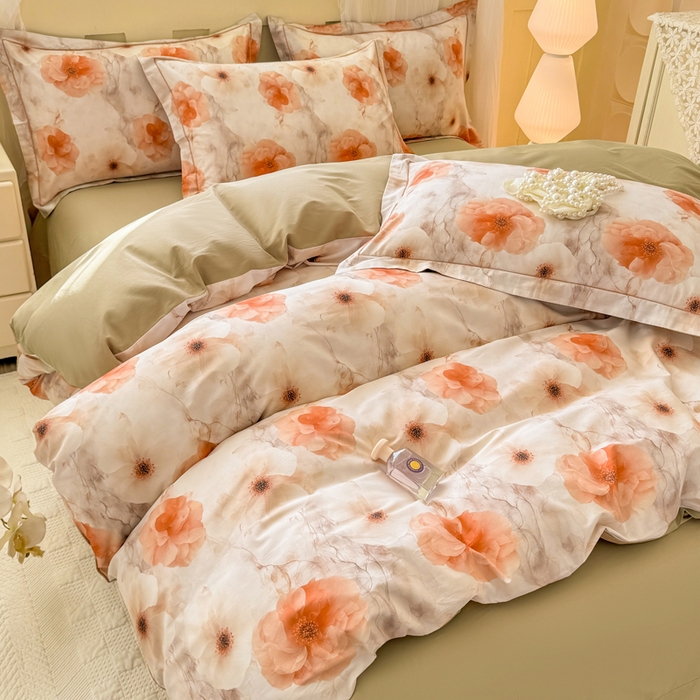 91家纺网 家纺一手货源 找家纺 红日子纺织品 2025新款全棉纯棉数码印花四件套 茶山露水-桔