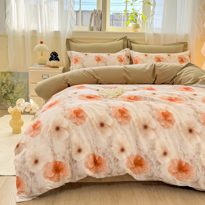 91家纺网 家纺一手货源 找家纺 红日子纺织品 2025新款全棉纯棉数码印花四件套 茶山露水-桔