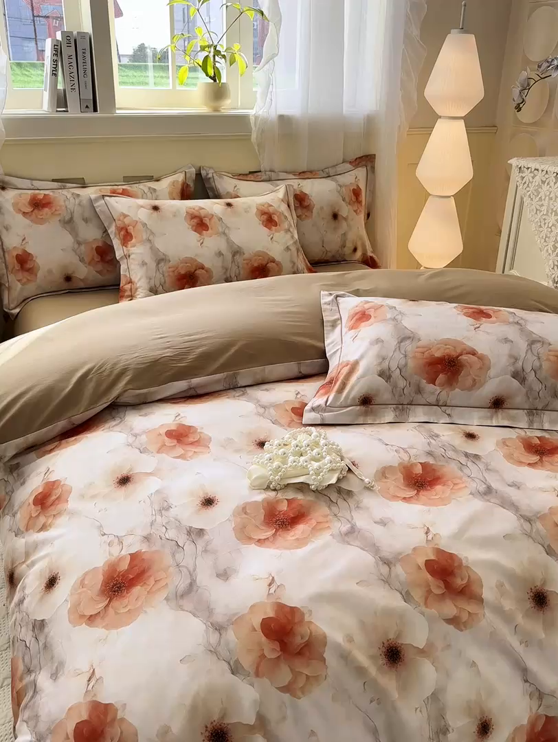 91家纺网 家纺一手货源 找家纺 红日子纺织品 2025新款全棉纯棉数码印花四件套 茶山露水-桔