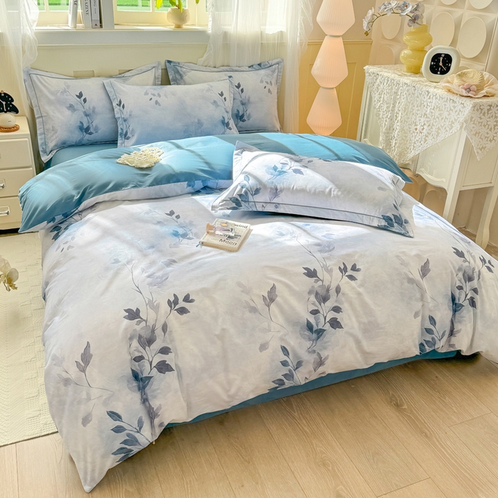 91家纺网 家纺一手货源 找家纺 红日子纺织品 2025新款全棉纯棉数码印花四件套 淡雅清风-蓝