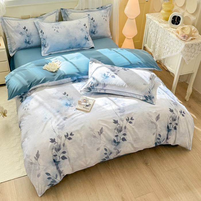 91家纺网 家纺一手货源 找家纺 红日子纺织品 2025新款全棉纯棉数码印花四件套 淡雅清风-蓝