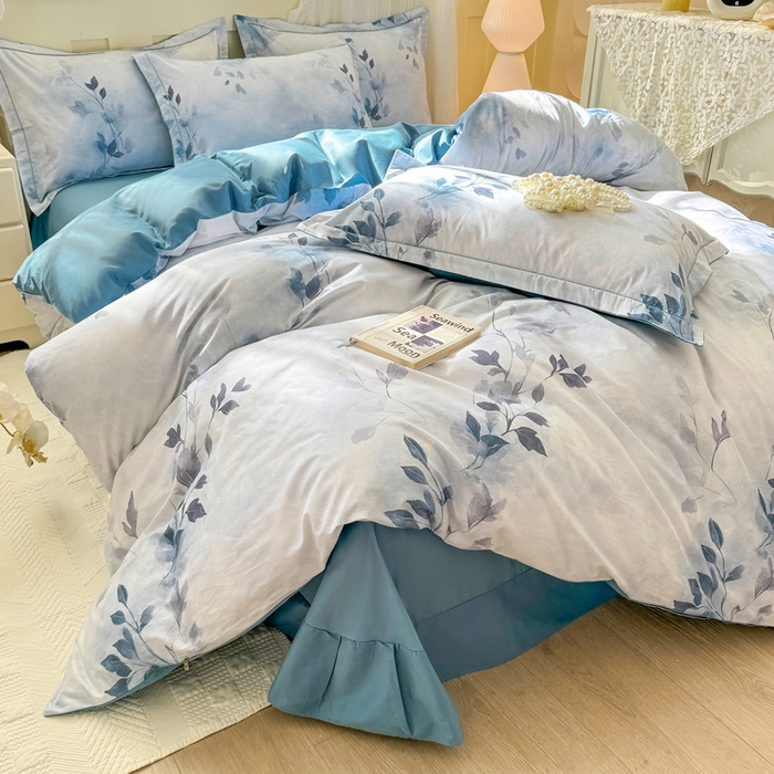 91家纺网 家纺一手货源 找家纺 红日子纺织品 2025新款全棉纯棉数码印花四件套 淡雅清风-蓝