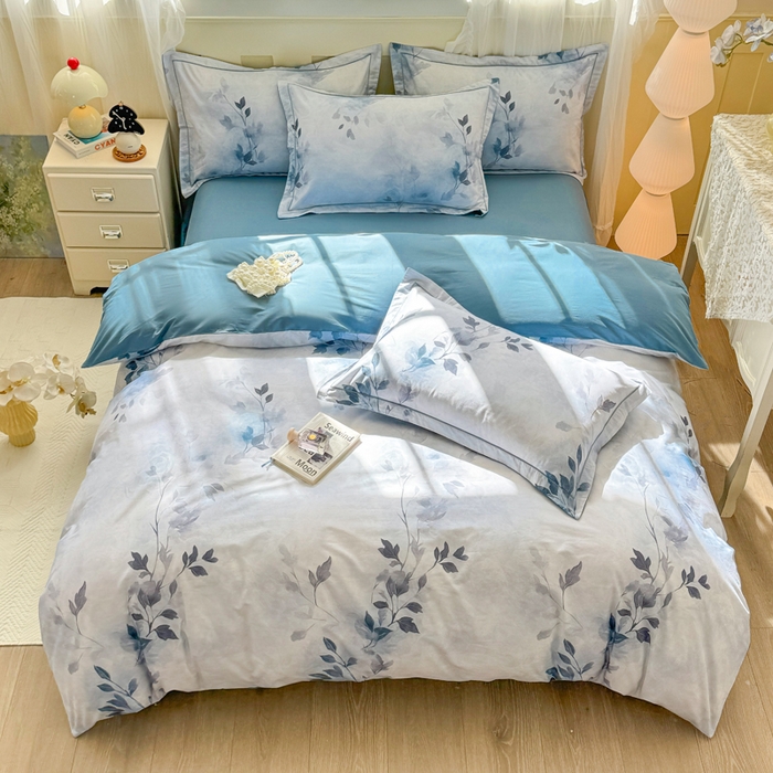 91家纺网 家纺一手货源 找家纺 红日子纺织品 2025新款全棉纯棉数码印花四件套 淡雅清风-蓝