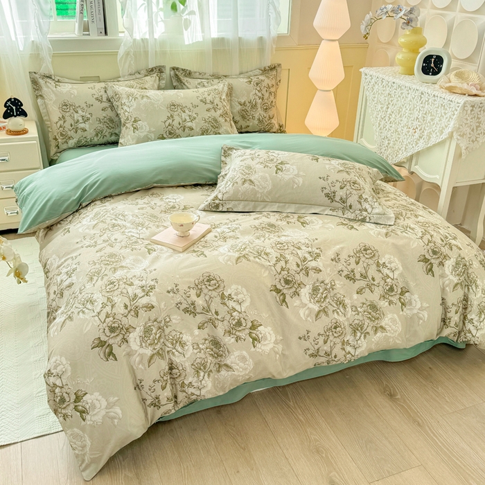 91家纺网 家纺一手货源 找家纺 红日子纺织品 2025新款全棉纯棉数码印花四件套 芳若-绿