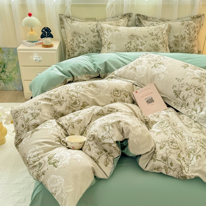 91家纺网 家纺一手货源 找家纺 红日子纺织品 2025新款全棉纯棉数码印花四件套 芳若-绿