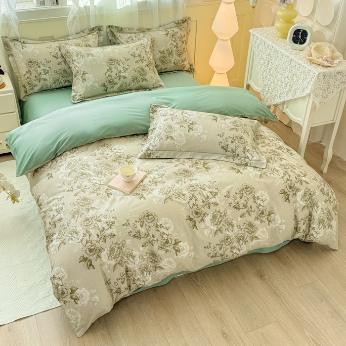 91家纺网 家纺一手货源 找家纺 红日子纺织品 2025新款全棉纯棉数码印花四件套 芳若-绿