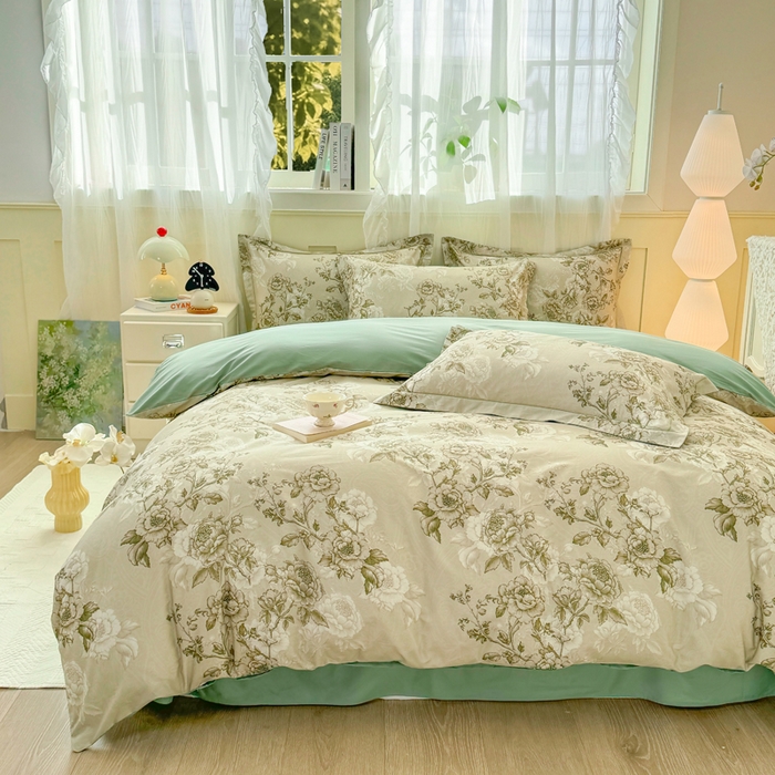 91家纺网 家纺一手货源 找家纺 红日子纺织品 2025新款全棉纯棉数码印花四件套 芳若-绿