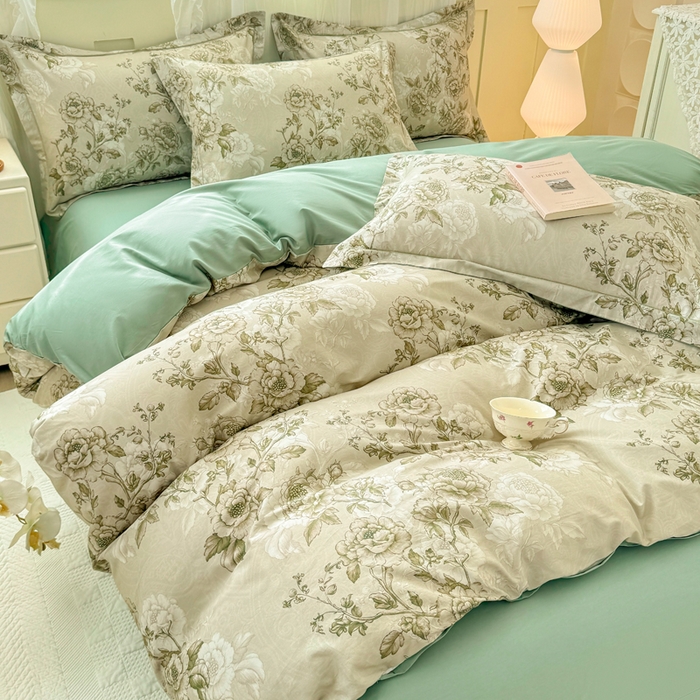 91家纺网 家纺一手货源 找家纺 红日子纺织品 2025新款全棉纯棉数码印花四件套 芳若-绿