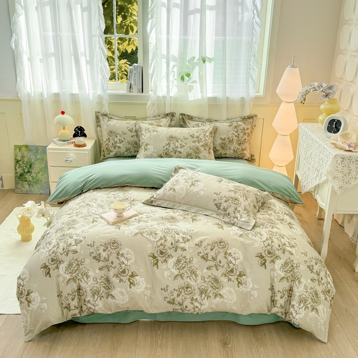 91家纺网 家纺一手货源 找家纺 红日子纺织品 2025新款全棉纯棉数码印花四件套 芳若-绿