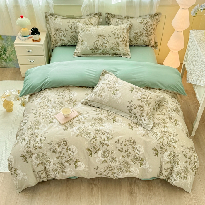 91家纺网 家纺一手货源 找家纺 红日子纺织品 2025新款全棉纯棉数码印花四件套 芳若-绿