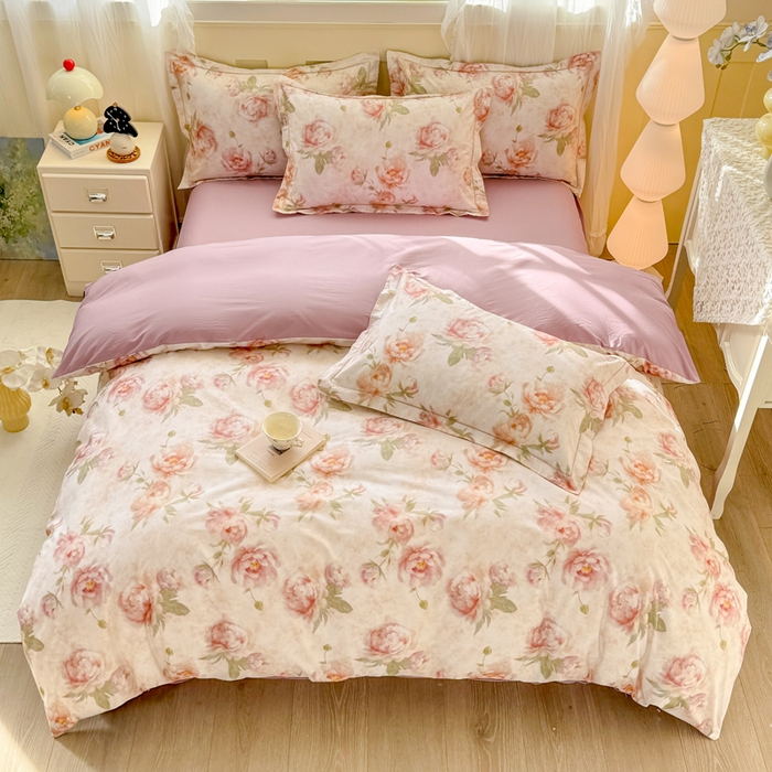 91家纺网 家纺一手货源 找家纺 红日子纺织品 2025新款全棉纯棉数码印花四件套 花情共舞-米