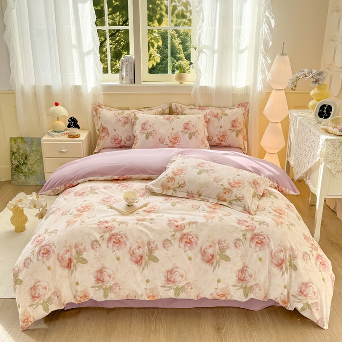 91家纺网 家纺一手货源 找家纺 红日子纺织品 2025新款全棉纯棉数码印花四件套 花情共舞-米