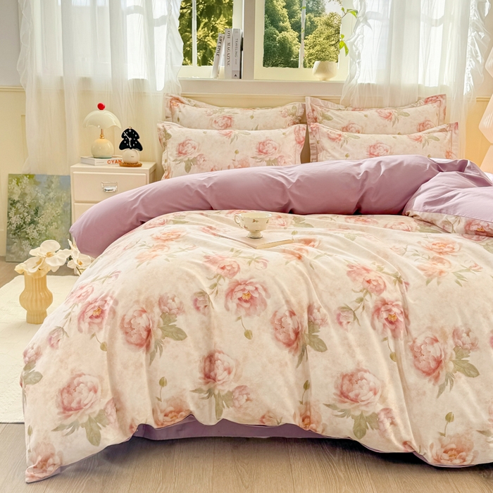 91家纺网 家纺一手货源 找家纺 红日子纺织品 2025新款全棉纯棉数码印花四件套 花情共舞-米