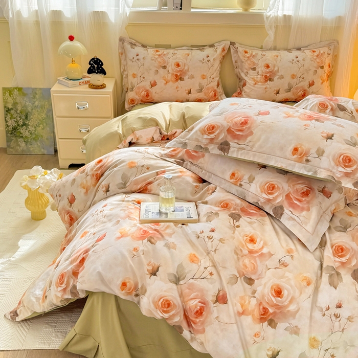 91家纺网 家纺一手货源 找家纺 红日子纺织品 2025新款全棉纯棉数码印花四件套 焕彩玫瑰-黄