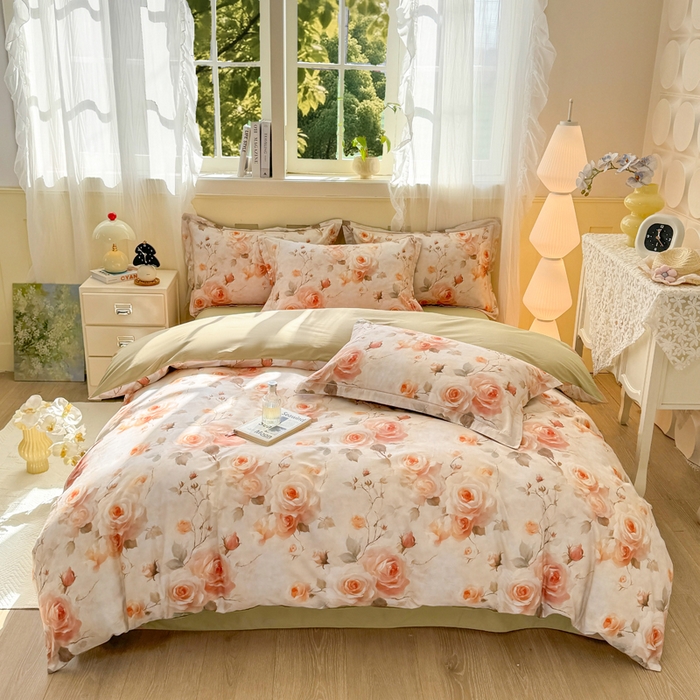 91家纺网 家纺一手货源 找家纺 红日子纺织品 2025新款全棉纯棉数码印花四件套 焕彩玫瑰-黄