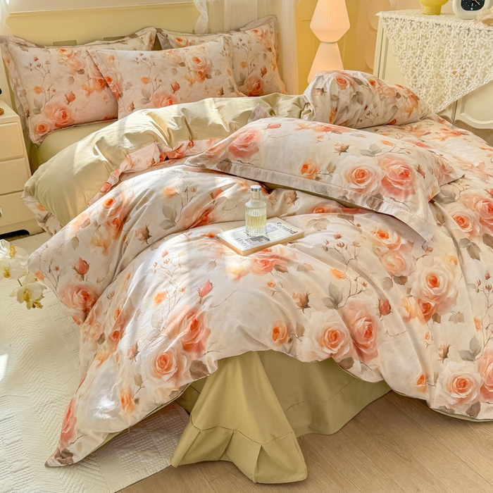 91家纺网 家纺一手货源 找家纺 红日子纺织品 2025新款全棉纯棉数码印花四件套 焕彩玫瑰-黄