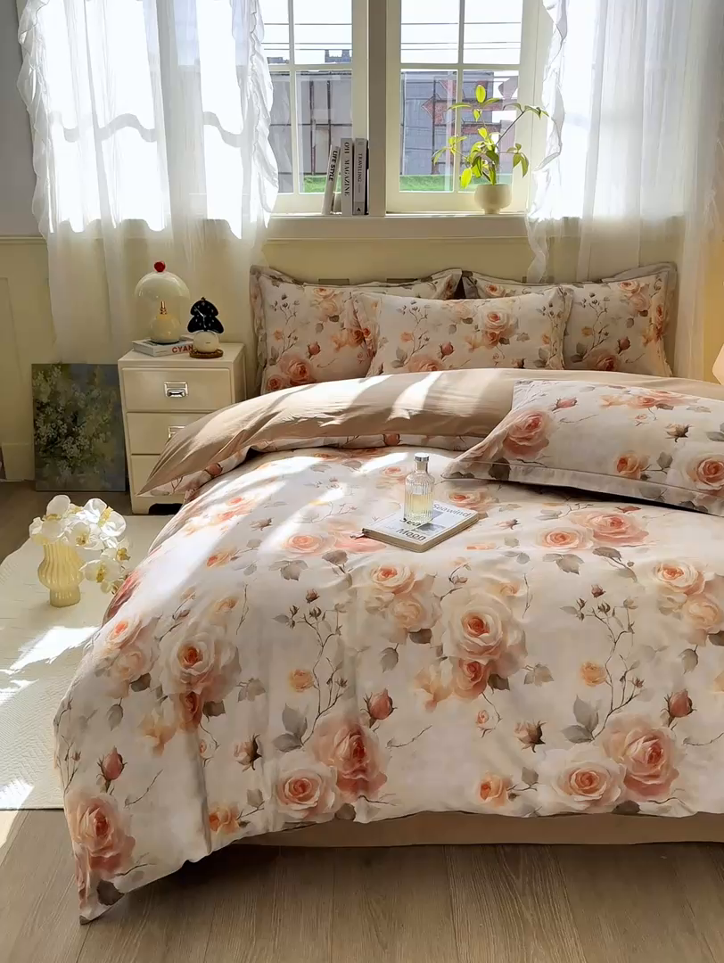 91家纺网 家纺一手货源 找家纺 红日子纺织品 2025新款全棉纯棉数码印花四件套 焕彩玫瑰-黄