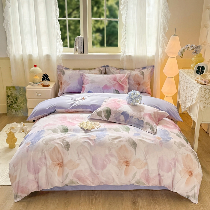 91家纺网 家纺一手货源 找家纺 红日子纺织品 2025新款全棉纯棉数码印花四件套 美尼尔-粉