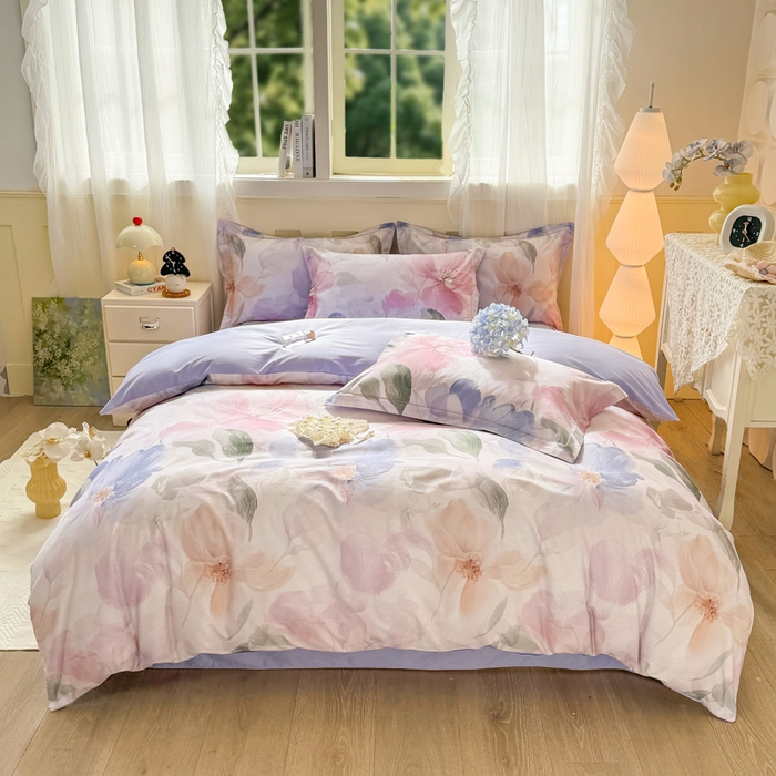 91家纺网 家纺一手货源 找家纺 红日子纺织品 2025新款全棉纯棉数码印花四件套 美尼尔-粉