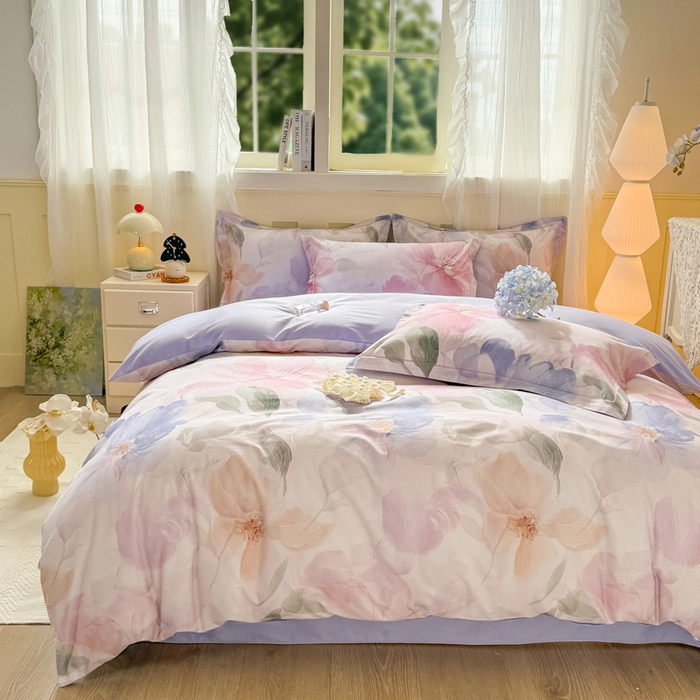 91家纺网 家纺一手货源 找家纺 红日子纺织品 2025新款全棉纯棉数码印花四件套 美尼尔-粉