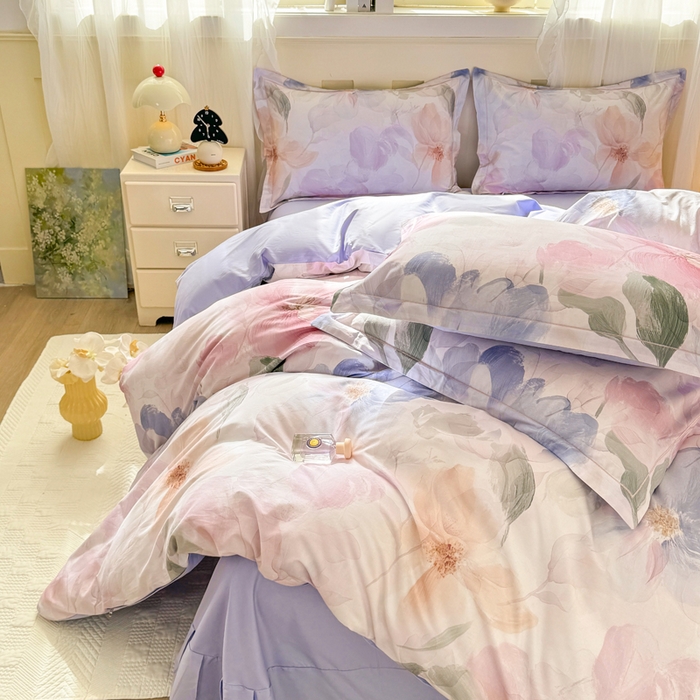 91家纺网 家纺一手货源 找家纺 红日子纺织品 2025新款全棉纯棉数码印花四件套 美尼尔-粉