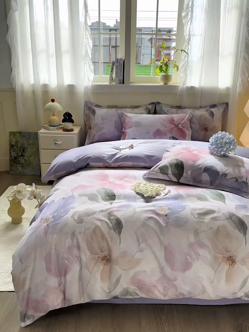 91家纺网 家纺一手货源 找家纺 红日子纺织品 2025新款全棉纯棉数码印花四件套 美尼尔-粉