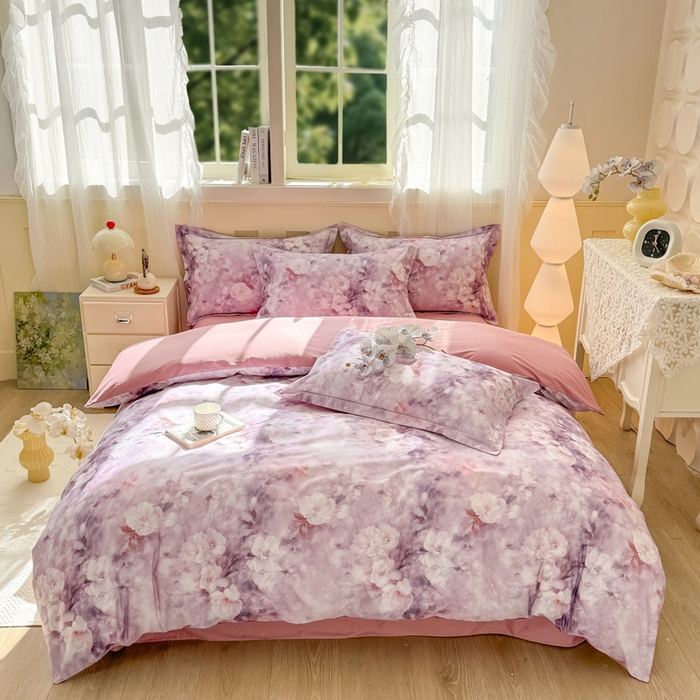 91家纺网 家纺一手货源 找家纺 红日子纺织品 2025新款全棉纯棉数码印花四件套 莫兰迪-紫