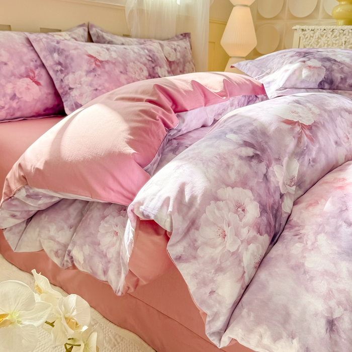 红日子纺织品 2025新款全棉纯棉数码印花四件套 莫兰迪-紫