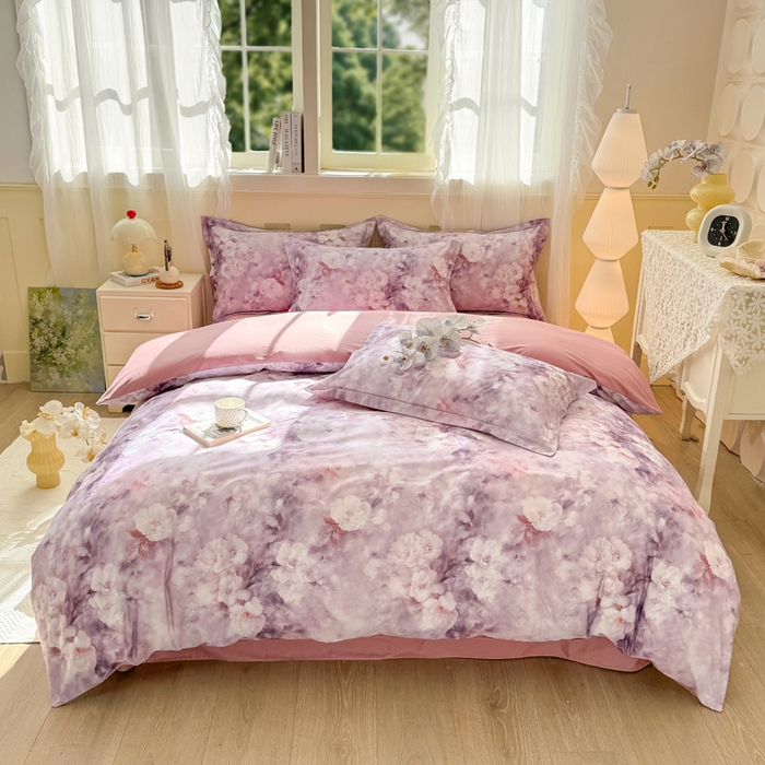 91家纺网 家纺一手货源 找家纺 红日子纺织品 2025新款全棉纯棉数码印花四件套 莫兰迪-紫