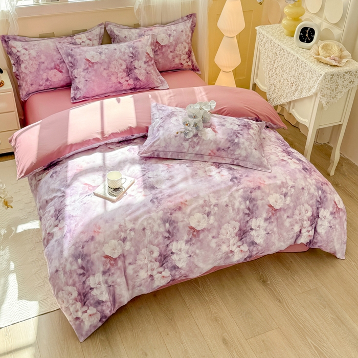 91家纺网 家纺一手货源 找家纺 红日子纺织品 2025新款全棉纯棉数码印花四件套 莫兰迪-紫