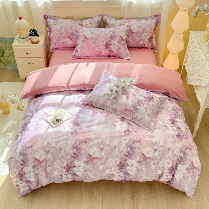 91家纺网 家纺一手货源 找家纺 红日子纺织品 2025新款全棉纯棉数码印花四件套 莫兰迪-紫