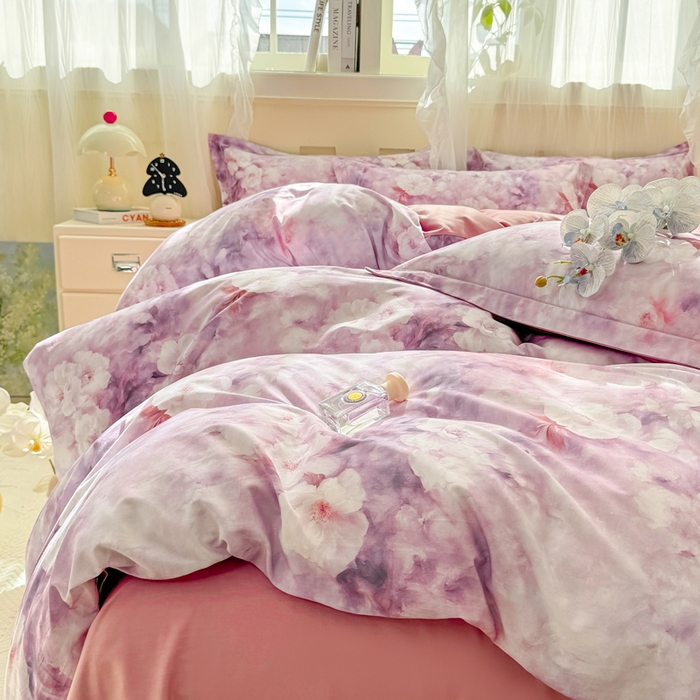 91家纺网 家纺一手货源 找家纺 红日子纺织品 2025新款全棉纯棉数码印花四件套 莫兰迪-紫