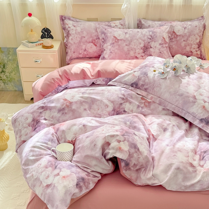 91家纺网 家纺一手货源 找家纺 红日子纺织品 2025新款全棉纯棉数码印花四件套 莫兰迪-紫