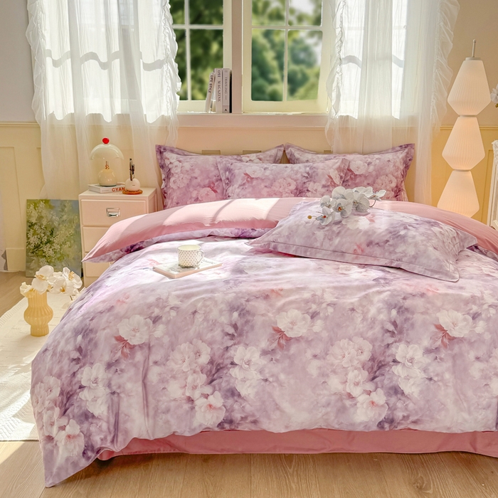 91家纺网 家纺一手货源 找家纺 红日子纺织品 2025新款全棉纯棉数码印花四件套 莫兰迪-紫