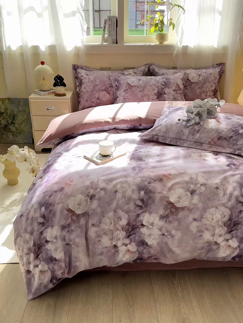 91家纺网 家纺一手货源 找家纺 红日子纺织品 2025新款全棉纯棉数码印花四件套 莫兰迪-紫