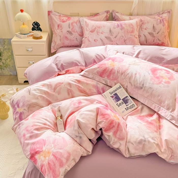 91家纺网 家纺一手货源 找家纺 红日子纺织品 2025新款全棉纯棉数码印花四件套 莫妮花园-粉