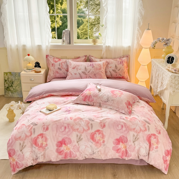 91家纺网 家纺一手货源 找家纺 红日子纺织品 2025新款全棉纯棉数码印花四件套 莫妮花园-粉