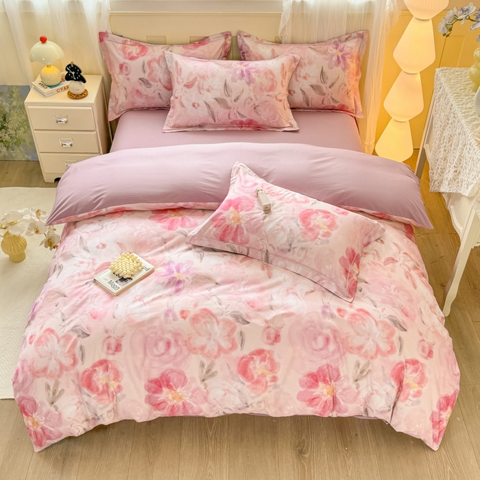 91家纺网 家纺一手货源 找家纺 红日子纺织品 2025新款全棉纯棉数码印花四件套 莫妮花园-粉