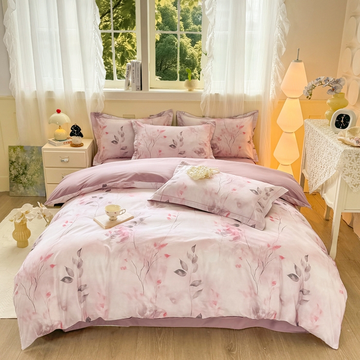 91家纺网 家纺一手货源 找家纺 红日子纺织品 2025新款全棉纯棉数码印花四件套 浓情蜜意-粉