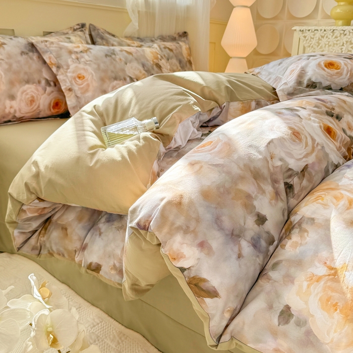 红日子纺织品 2025新款全棉纯棉数码印花四件套 翩翩花语-绿