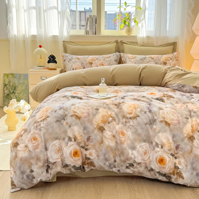 91家纺网 家纺一手货源 找家纺 红日子纺织品 2025新款全棉纯棉数码印花四件套 翩翩花语-绿