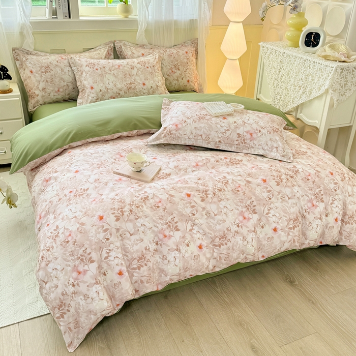 91家纺网 家纺一手货源 找家纺 红日子纺织品 2025新款全棉纯棉数码印花四件套 日落花雨-灰